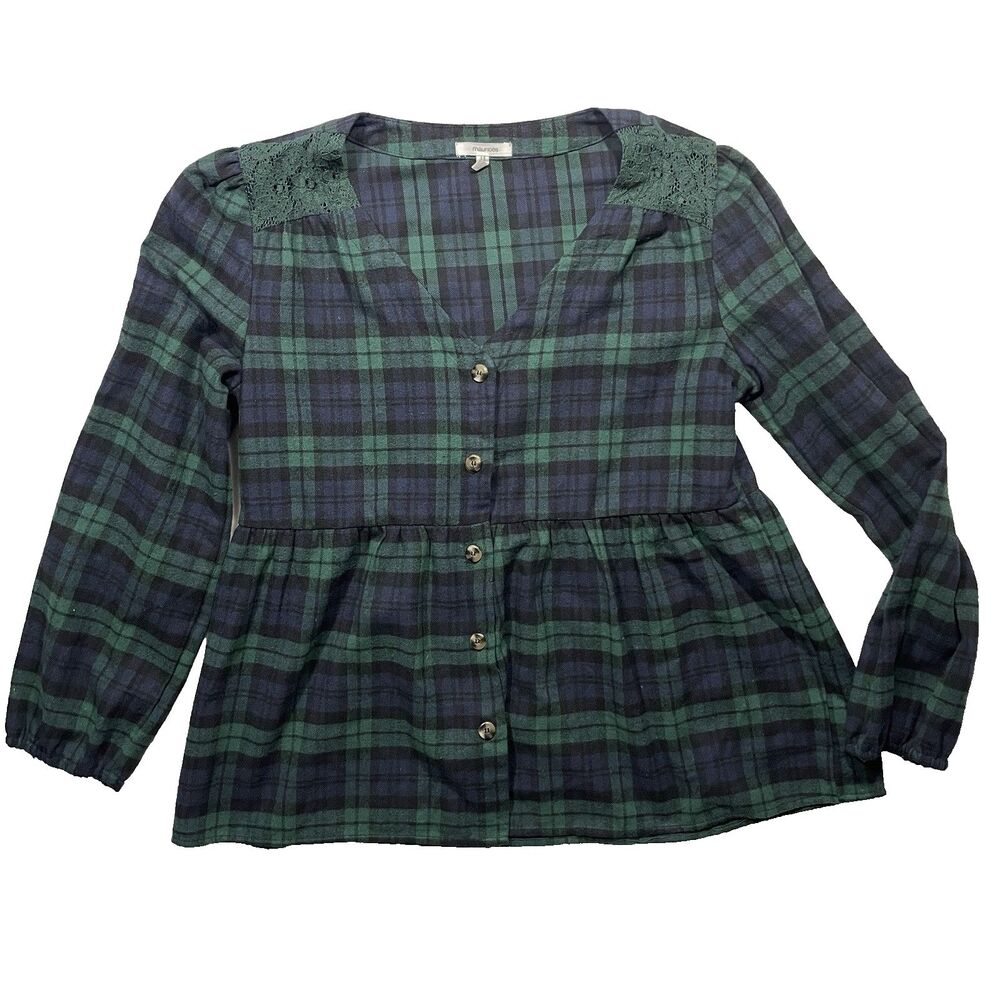 Maurices Plaid  Green Navy BlueLace Shoulder Babydoll Blouse Women's Size Medium